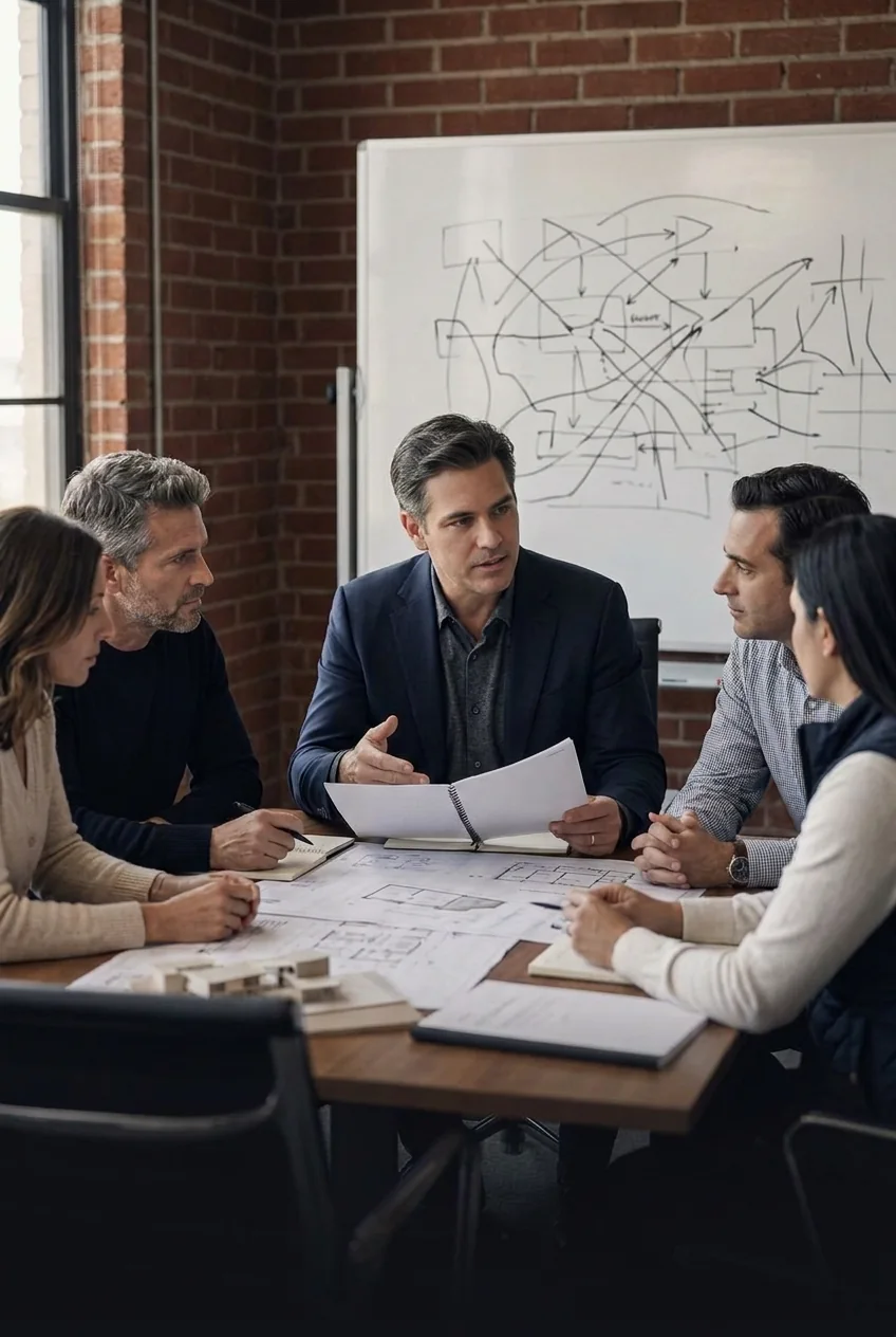 Founder-led team working together around detailed plans