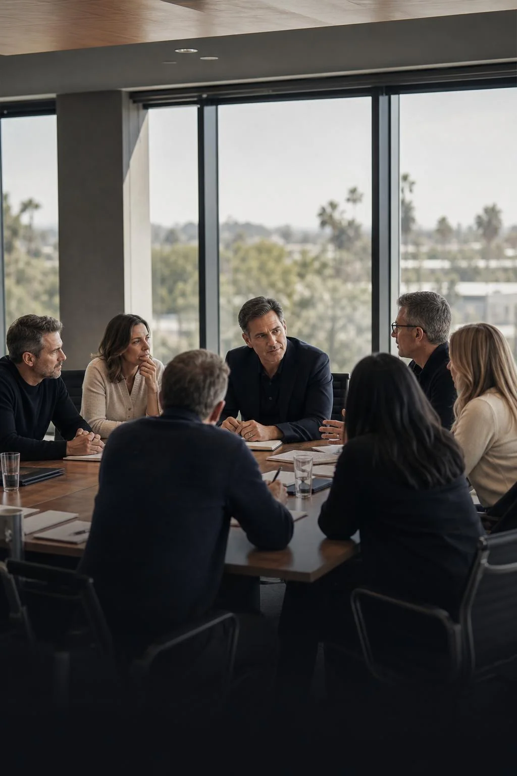 Established leadership team meeting in a naturally lit conference room