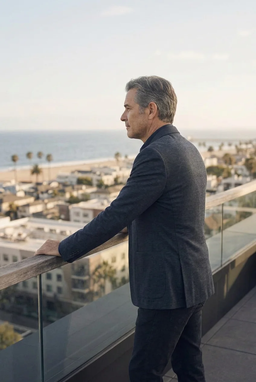 Seasoned founder overlooking a Southern California city and coastline